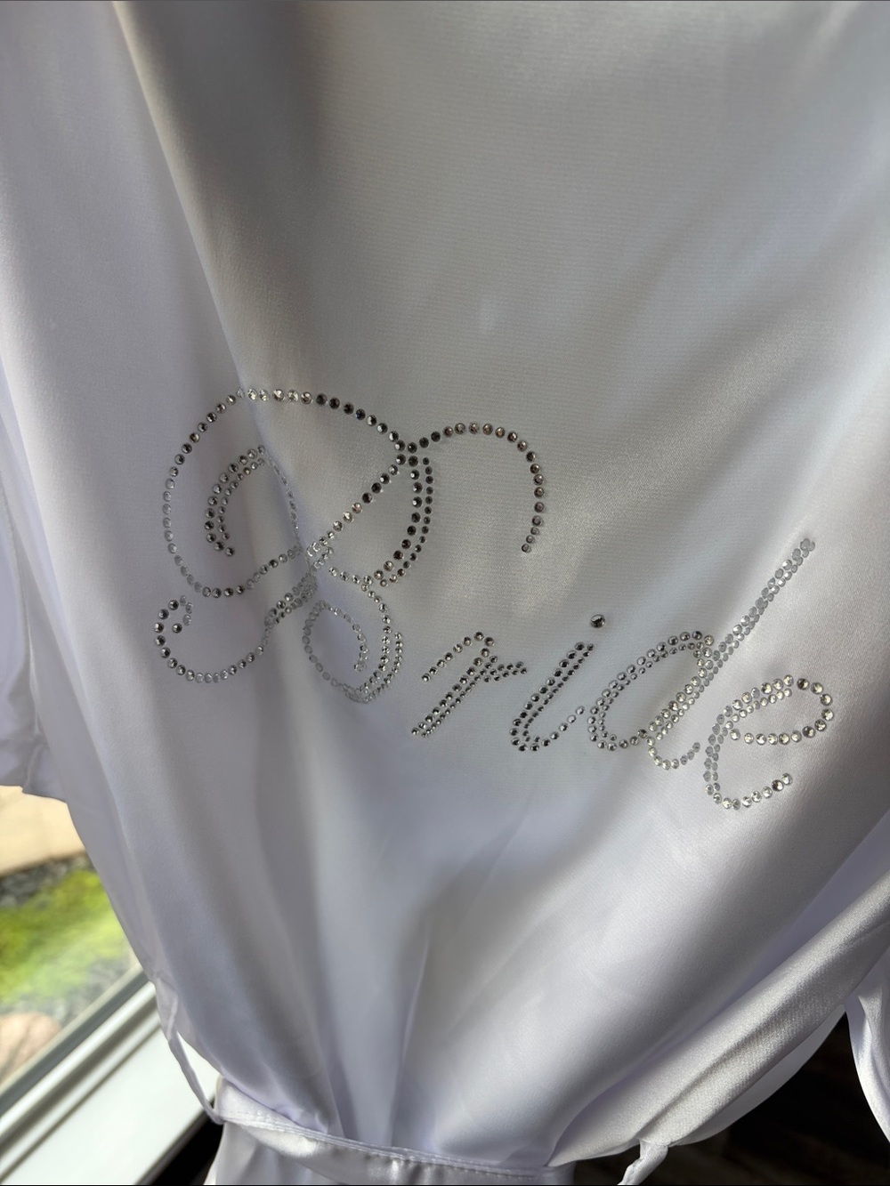 David's Bridal White Bride Robe with Rhinestone Script